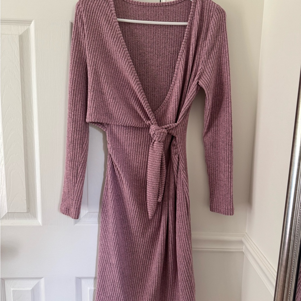 SHEIN Mauve Ribbed Knit Wrap Fitted Maternity Dress - Size Sm